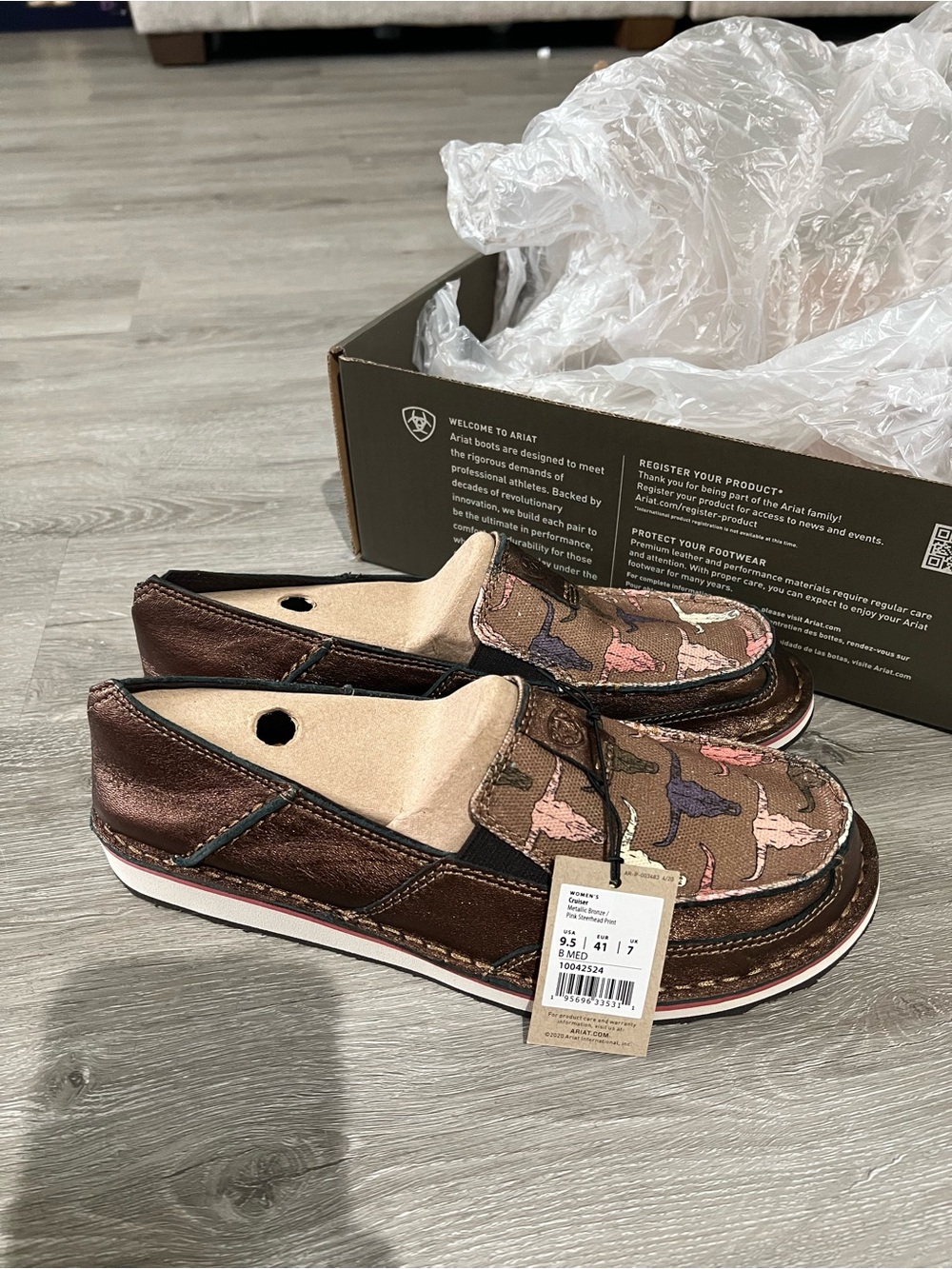 Ariat Metallic Brown Kids Slip-On Sneakers with Pink & Blue Dog Motif